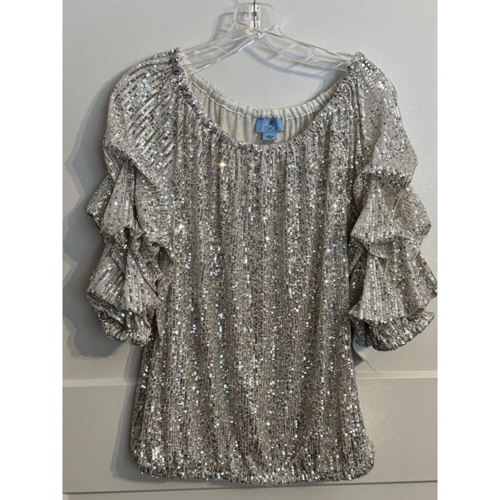 CeCe Blouse Womens Large Champagne Silver Sequin Flutter Sleeve Lined Party Top - Picture 5 of 9